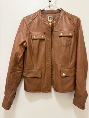 Anne Klein Cognac Brown Leather Jacket with Gold-Tone Hardware